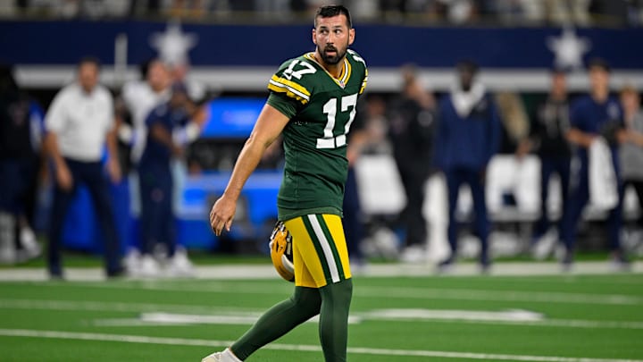 Sep 28, 2025; Arlington, Texas, USA; Green Bay Packers place kicker Brandon McManus (17) walks off the field after he kicks the game tying field goal in overtime during the game between the Dallas Cowboys and the Green Bay Packers at AT&T Stadium. Mandatory Credit: Jerome Miron-Imagn Images