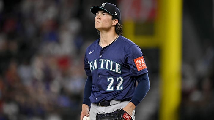 Seattle Mariners pitcher Bryan Woo reacts during a game against the Texas Rangers on June 28 at Globe Life Field.
