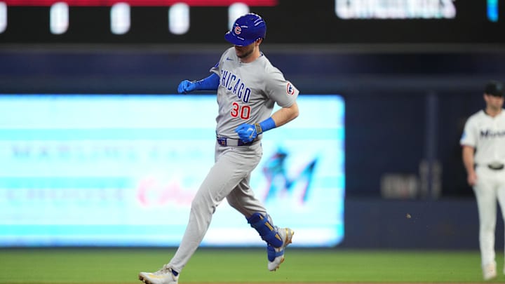 May 21, 2025; Miami, Florida, USA;  Chicago Cubs designated hitter Kyle Tucker (30) rounds the bases after a solo home run in the first inning against the Miami Marlins at loanDepot Park.