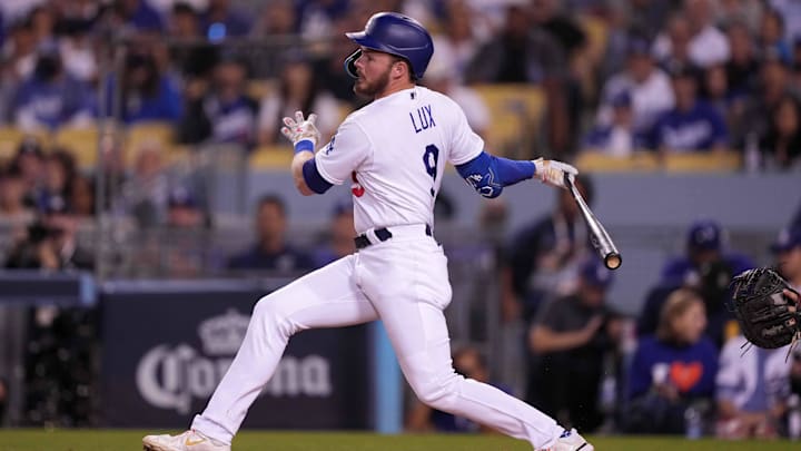 Oct 11, 2022; Los Angeles, California, USA; Los Angeles Dodgers second baseman Gavin Lux (9) bats