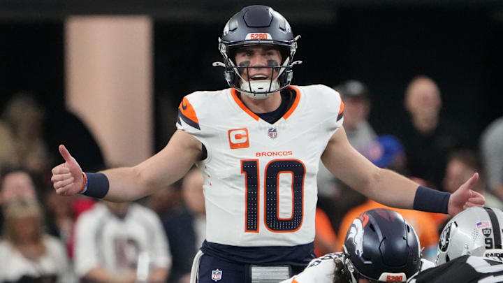 Nov 24, 2024; Paradise, Nevada, USA; Denver Broncos quarterback Bo Nix (10) gestures in the first half against the Las Vegas Raiders at Allegiant Stadium. 