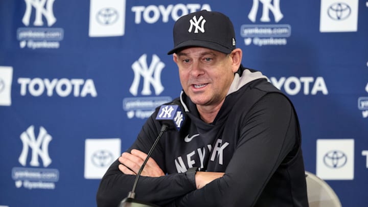 Feb 11, 2025; Tampa, FL, USA; New York Yankees manager Aaron Boone talks with media during a press conference as spring training starts at George M. Steinbrenner Field.