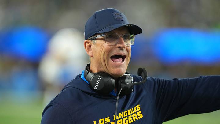 Dec 8, 2025; Inglewood, California, USA; Los Angeles Chargers head coach Jim Harbaugh reacts in the first half against the Philadelphia Eagles at SoFi Stadium. Mandatory Credit: Kirby Lee-Imagn Images Dec 8, 2025; Inglewood, California, USA; Los Angeles Chargers head coach Jim Harbaugh reacts in the first half against the Philadelphia Eagles at SoFi Stadium. Mandatory Credit: Kirby Lee-Imagn Images