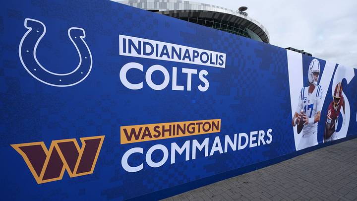 Oct 3, 2026; London, United Kingdom; A general overall view of banner featuring images of Indianapolis Colts quarterback Daniel Jones (17) and Washington Commanders running back Jacory Croskey-Merritt (22) at Tottenham Hotspur Stadium, Mandatory Credit: Kirby Lee-Imagn Images Oct 3, 2026; London, United Kingdom; A general overall view of banner featuring images of Indianapolis Colts quarterback Daniel Jones (17) and Washington Commanders running back Jacory Croskey-Merritt (22) at Tottenham Hotspur Stadium, Mandatory Credit: Kirby Lee-Imagn Images