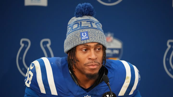 Nov 9, 2025; Berlin, Germany; Indianapolis Colts running back Jonathan Taylor (28) is interviewed after playing against the Atlanta Falcons during the NFL Berlin Game at Olympic Stadium. Mandatory Credit: Kirby Lee-Imagn Images