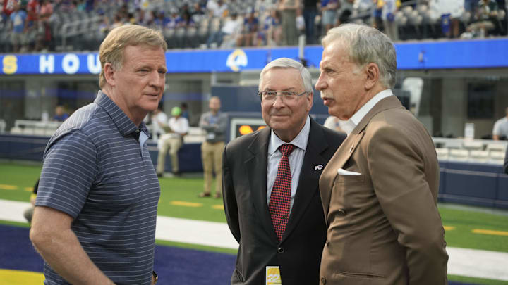Sep 8, 2022; Inglewood, California, USA; NFL commissioner Roger Goodell (left), Buffalo Bills owner Terry Pegula (center) and Los Angeles Rams owner Stan Kroenke during the game at SoFi Stadium. The Bills defeated the Rams 31-10. Mandatory Credit: Kirby Lee-Imagn Images