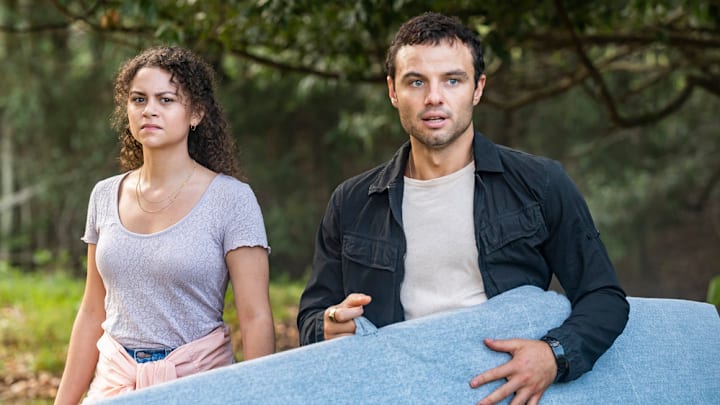LA BREA -- "Sierra" Episode 301 -- Pictured: (l-r) Lily Santiago as Veronica, Josh McKenzie as Lucas -- (Photo by: Mark Taylor/NBC)