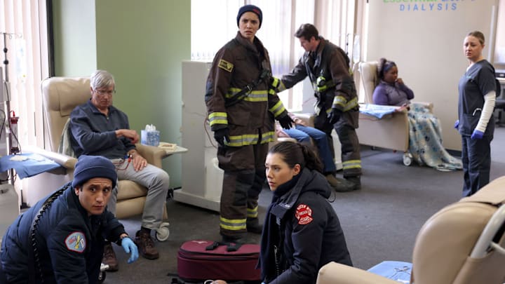 CHICAGO FIRE -- "All the Dark" Episode 12008 -- Pictured: (l-r) Wesam Keesh as Lennox, Miranda Rae Mayo as Stella Kid, Hanako Greensmith as Violet Mikami, Jake Lockett as Sam Carver -- (Photo by: Adrian S Burrows Sr/NBC)