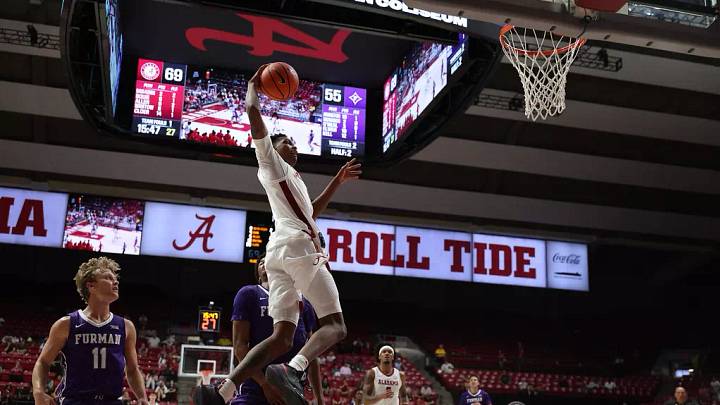 Alabama forward Tarris Bouie (4) in action against Furman at Coleman Coliseum in Tuscaloosa, AL on Thursday, Oct 8, 2026. Alabama forward Tarris Bouie (4) in action against Furman at Coleman Coliseum in Tuscaloosa, AL on Thursday, Oct 8, 2026.
