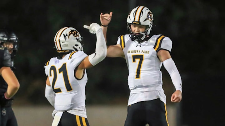 Newbury Park's Shane Rosenthal (left) and Brady Smigiel celebrate after a play earlier this season. On Saturday, the two plus a handful of others made big plays, particularly Drew Cofield in a wild 31-28 win over Murrieta Valley in the CIF Southern Section D2 title game. It was the Panthers second CIF title and first since 1993. 