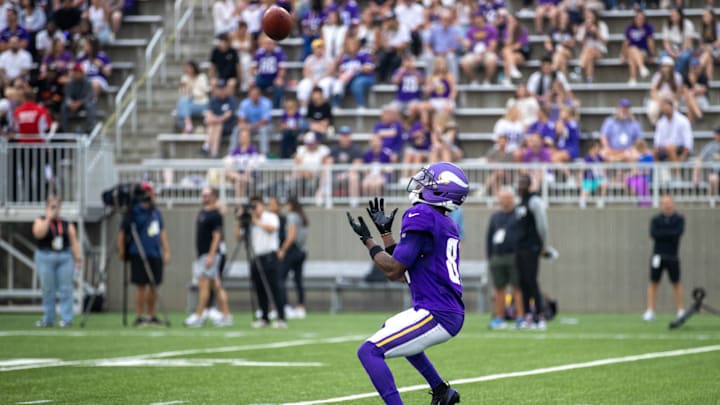 Lucky Jackson returning a punt during the Vikings' annual night practice on Aug. 5, 2025. 