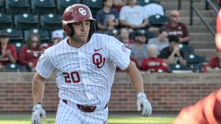 Oklahoma outfielder Trey Gambill runs to first base against Gonzaga.