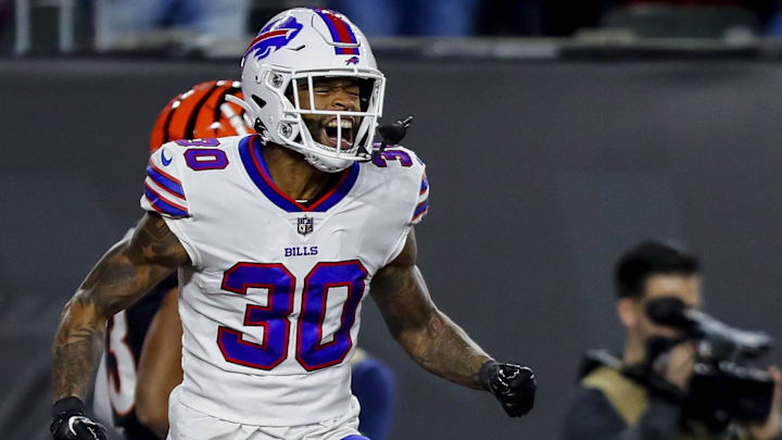 Nov 5, 2023; Cincinnati, Ohio, USA; Buffalo Bills cornerback Dane Jackson (30) reacts after breaking up a pass intended for Cincinnati Bengals wide receiver Tyler Boyd (not pictured) in the first half at Paycor Stadium. Mandatory Credit: Katie Stratman-Imagn Images