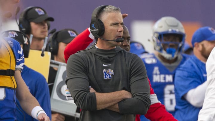 Dec 7, 2019; Memphis, TN, USA; Memphis Tigers head coach Mike Norvell looks on during the first half against the Cincinnati Bearcats at Liberty Bowl Memorial Stadium. Mandatory Credit: Justin Ford-USA TODAY Sports