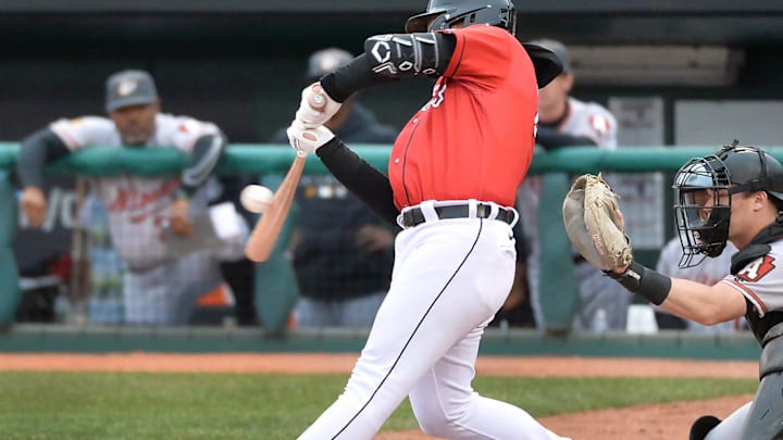 Erie SeaWolves batter Jake Holton fouls off a pitch against the Altoona Curve at UPMC Park in Erie on April 11, 2023.

P9seawolves041123