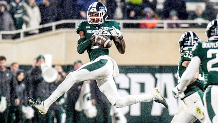 Michigan State's Justin Layne nearly intercepts a Rutgers pass during the second quarter on Saturday, Nov. 24, 2018, at Spartan Stadium in East Lansing.

181124 Msu Rutgers 321a