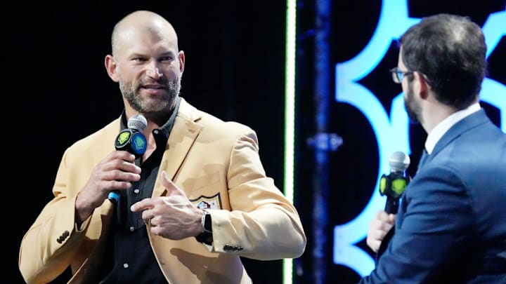 Browns legend and Pro Football Hall of Famer Joe Thomas talks with Beacon Journal sports writer Nate Ulrich at the 2025 Greater Akron-Canton High School Sports Awards, Tuesday, June 17, 2025, at the John S. Knight Center.