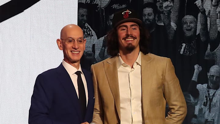Jun 22, 2023; Brooklyn, NY, USA; Jaime Jaquez Jr (UCLA) with NBA commissioner Adam Silver after being selected eighteenth by the Miami Heat in the first round of the 2023 NBA Draft at Barclays Arena. Mandatory Credit: Wendell Cruz-Imagn Images