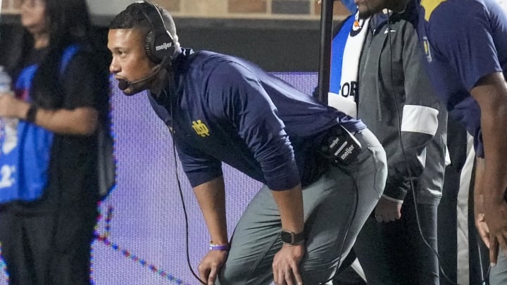 Sep 30, 2023; Durham, North Carolina, USA; Notre Dame Fighting Irish head coach Marcus Freeman watches his defense during the second half against the Duke Blue Devils at Wallace Wade Stadium.