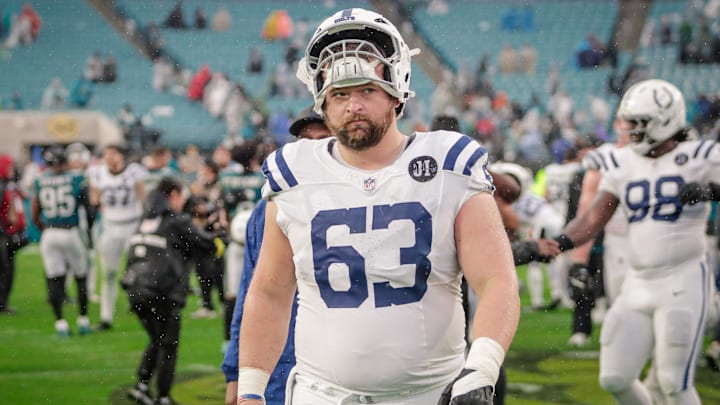 Dec 7, 2025; Jacksonville, Florida, USA;Indianapolis Colts center Danny Pinter (63) walks off the field after a loss to the Jacksonville Jaguars at EverBank Stadium. Mandatory Credit: Travis Register-Imagn Images