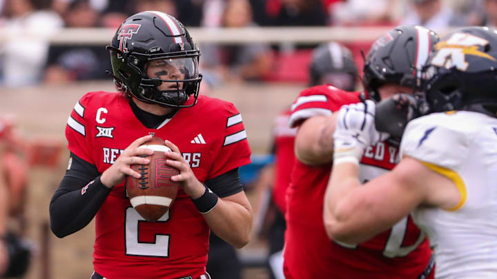 Texas Tech's Behren Morton drops back to pass against Kent State during a non-conference football game, Saturday, September 6, 2025, at Jones AT&T Stadium.
