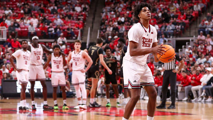 Texas Tech's Christian Anderson prepares to shoot a free throw as teammates look on against Lindenwood during a non-conference men's basketball game, Tuesday, Nov. 4, 2025, at United Supermarkets Arena.