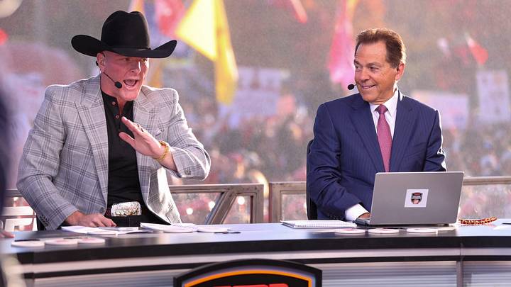 ESPN personality Pat McAfee talks during College GameDay with Nick Saban looking on Saturday, Nov. 8, 2025 at Jones AT&T Stadium in Lubbock, Texas. ESPN personality Pat McAfee talks during College GameDay with Nick Saban looking on Saturday, Nov. 8, 2025 at Jones AT&T Stadium in Lubbock, Texas.