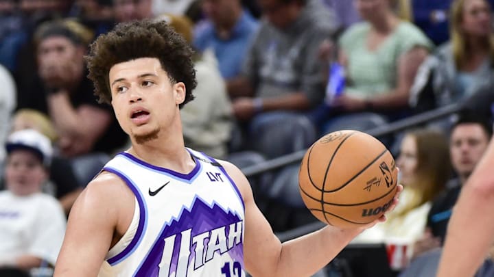 Oct 13, 2025; Salt Lake City, Utah, USA; Utah Jazz guard Walter Clayton Jr. (13) looks for an open teammate during the second half against the Dallas Mavericks at Delta Center. Mandatory Credit: Peter Creveling-Imagn Images