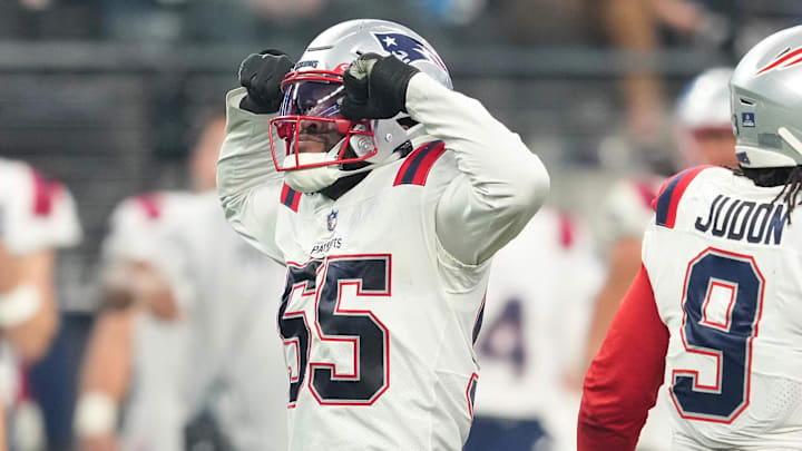 Dec 18, 2022; Paradise, Nevada, USA; New England Patriots linebacker Josh Uche (55) celebrates after getting a sack against the Las Vegas Raiders during the second half at Allegiant Stadium.