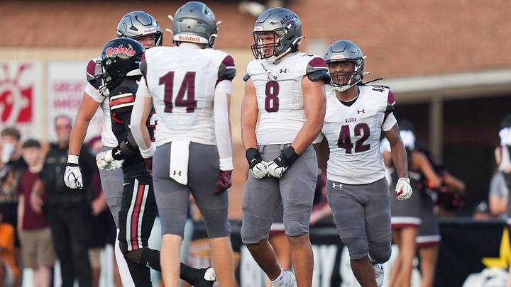 Alcoa’s Jace Boyd (8) celebrates on the field during a high school football game between Maryville and Alcoa, at Maryville High School, Aug. 21, 2026.