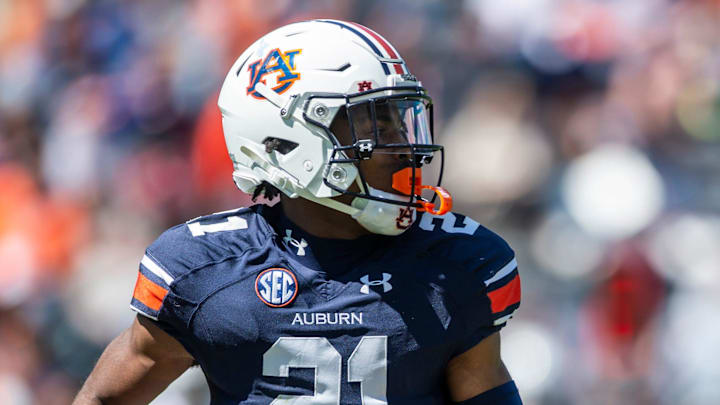 Auburn Tigers safety Caleb Wooden (21) drops back in coverage during the A-Day spring practice at Jordan-Hare Stadium in Auburn, Ala., on Saturday, April 9, 2022.