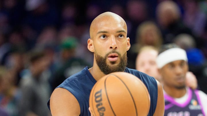 Feb 20, 2026; Minneapolis, Minnesota, USA; Minnesota Timberwolves center Rudy Gobert (27) warms up against the Dallas Mavericks at Target Center. Mandatory Credit: Matt Blewett-Imagn Images