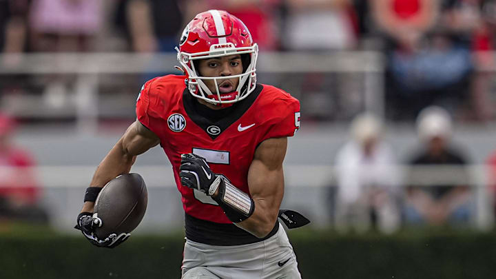 Nov 22, 2025; Athens, Georgia, USA; Georgia Bulldogs wide receiver Noah Thomas (5) runs after a catch against the Charlotte 49ers during the second half at Sanford Stadium. Mandatory Credit: Dale Zanine-Imagn Images