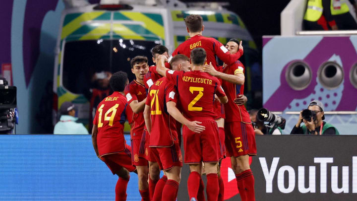 Spain celebrate after forward Alvaro Morata (7) scored a goal. Spain celebrate after forward Alvaro Morata (7) scored a goal.