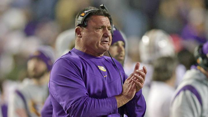 Nov 27, 2021; Baton Rouge, Louisiana, USA; LSU Tigers head coach Ed Orgeron looks on during the second half against the Texas A&M Aggies at Tiger Stadium. Mandatory Credit: Stephen Lew-Imagn Images Nov 27, 2021; Baton Rouge, Louisiana, USA; LSU Tigers head coach Ed Orgeron looks on during the second half against the Texas A&M Aggies at Tiger Stadium. Mandatory Credit: Stephen Lew-Imagn Images