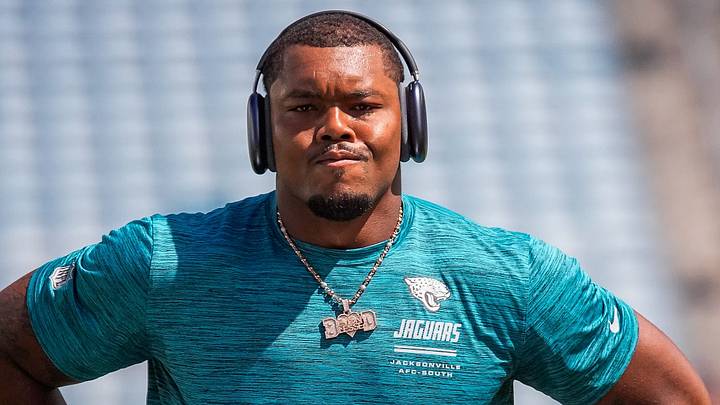 Jacksonville Jaguars defensive end Travon Walker (44) stretches before an NFL football game at EverBank Stadium, Sunday, September 13, 2026, in Jacksonville, Fla. [Doug Engle/Florida Times-Union]