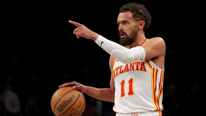 Atlanta Hawks guard Trae Young (11) controls the ball against the Brooklyn Nets during the third quarter at Barclays Center. 