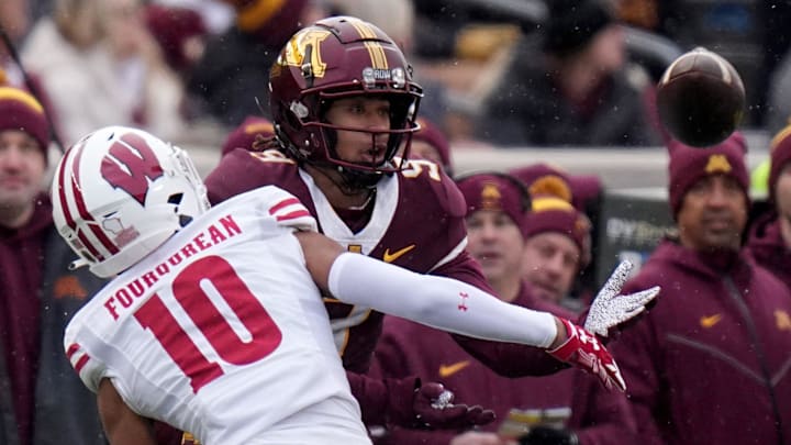 Wisconsin cornerback Nyzier Fourqurean (10) covers Minnesota wide receiver Daniel Jackson (9) during the first quarter of their game Saturday, November 25, 2023 at Huntington Bank Stadium in Minneapolis, Minnesota. Wisconsin beat Minnesota 28-14.