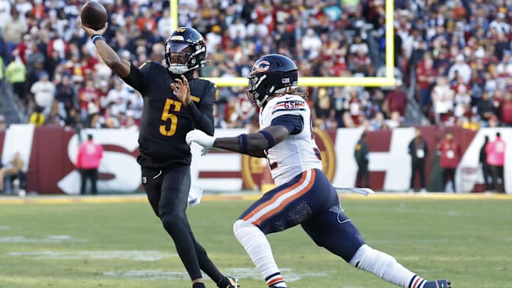 Darrell Taylor applies pass rush pressure to Jayden Daniels last week in the loss by Chicago to Washington.