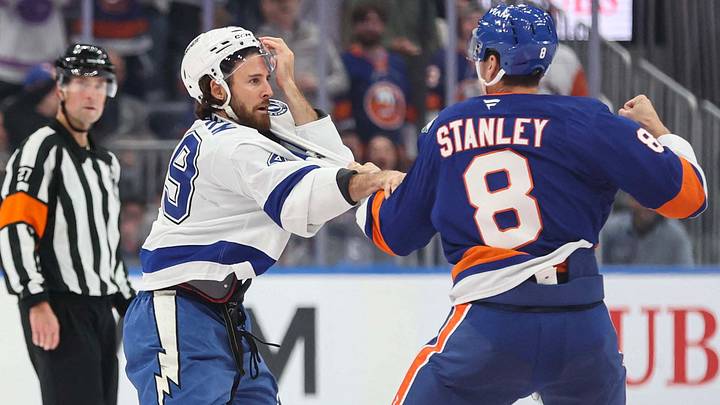 Oct 10, 2026; Elmont, New York, USA; Tampa Bay Lightning right wing Scott Sabourin (49) fights with New York Islanders defenseman Logan Stanley (8) in the second period at UBS Arena. Mandatory Credit: Wendell Cruz-Imagn Images Oct 10, 2026; Elmont, New York, USA; Tampa Bay Lightning right wing Scott Sabourin (49) fights with New York Islanders defenseman Logan Stanley (8) in the second period at UBS Arena. Mandatory Credit: Wendell Cruz-Imagn Images