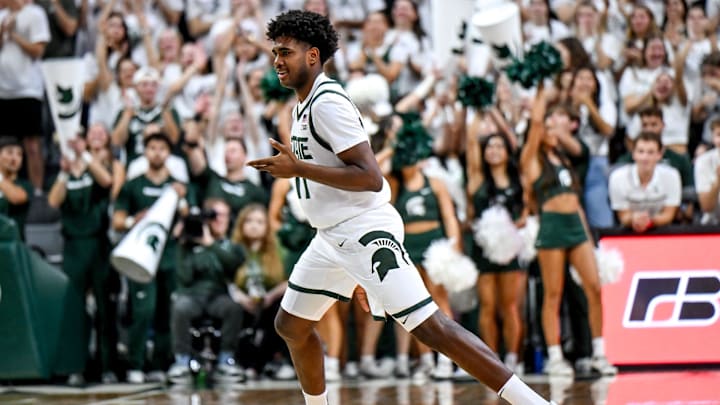 Michigan State's Jase Richardson celebrates his 3-pointer against Ferris State during the first half on Tuesday, Oct. 29, 2024, in East Lansing.