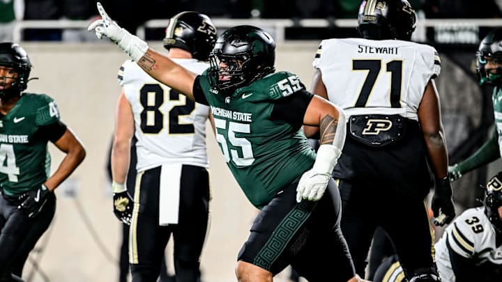Michigan State's Ben Roberts celebrates after the Spartans blocked a Purdue field goal attempt during the second quarter on Friday, Nov. 22, 2024, at Spartan Stadium in East Lansing. Michigan State's Ben Roberts celebrates after the Spartans blocked a Purdue field goal attempt during the second quarter on Friday, Nov. 22, 2024, at Spartan Stadium in East Lansing.