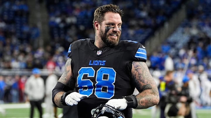 Detroit Lions offensive tackle Taylor Decker (68) smiles at warm up before the game between Detroit Lions and Buffalo Bills at Ford Field in Detroit on Sunday, Dec. 15, 2024.
