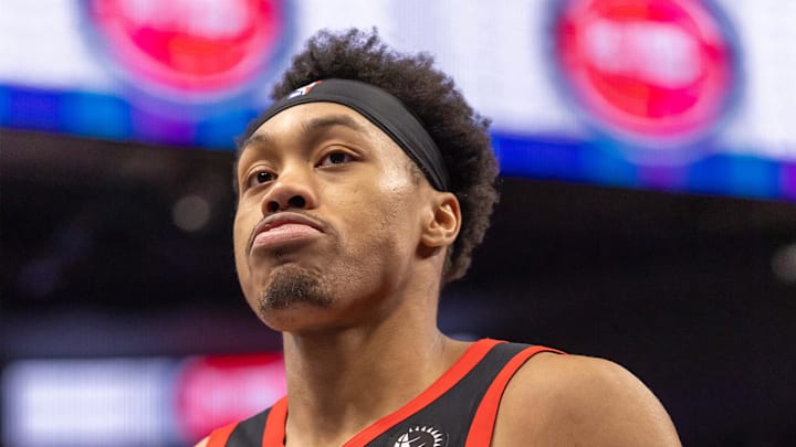 Mar 31, 2026; Detroit, Michigan, USA; Toronto Raptors Scottie Barnes (4) runs off the court after loosing to the Detroit Pistons at Little Caesars Arena. Mandatory Credit: David Reginek-Imagn Images Mar 31, 2026; Detroit, Michigan, USA; Toronto Raptors Scottie Barnes (4) runs off the court after loosing to the Detroit Pistons at Little Caesars Arena. Mandatory Credit: David Reginek-Imagn Images