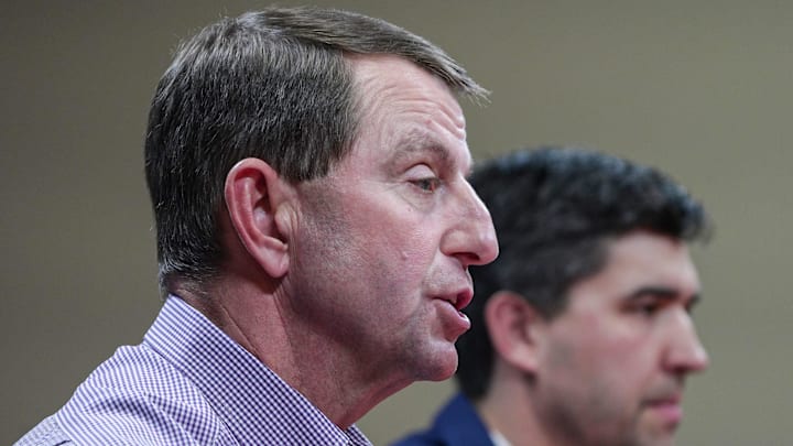 Clemson football Head Coach Dabo Swinney speaks about transfer portal issues during a press conference in the Smart Family Media Center in Clemson, SC, Friday, Jan 23 2026.
