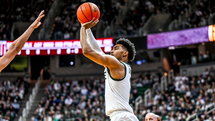 Michigan State's Jaden Akins makes a 3-pointer agianst Indiana during the first half on Tuesday, Feb. 11, 2025, at the Breslin Center in East Lansing. Michigan State's Jaden Akins makes a 3-pointer agianst Indiana during the first half on Tuesday, Feb. 11, 2025, at the Breslin Center in East Lansing.