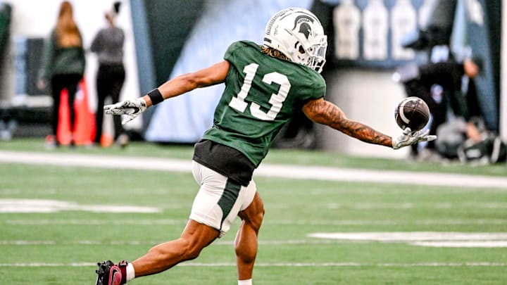 Michigan State receiver Chrishon McCray catches a pass during football practice on Tuesday, April 8, 2025, in East Lansing.