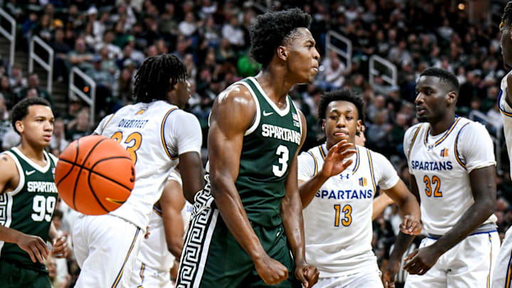 Michigan State's Cam Ward celebrates after a tough finish at the rim against San Jose State during the first half on Thursday, Nov. 13, 2025, at the Breslin Center in East Lansing.
