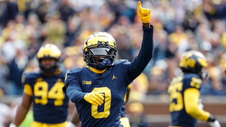 Michigan defensive back Mike Sainristil (0) celebrates a sack against Maryland quarterback Billy Edwards Jr. (not pictured) during the second half at the Michigan Stadium in Ann Arbor on Saturday, Sept. 24, 2022.

Syndication Detroit Free Press