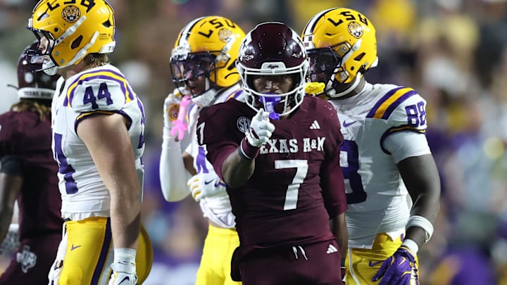 Texas A&M Aggies wide receiver KC Concepcion celebrates after a first down during the first half against the Louisiana State Tigers at Tiger Stadium. 